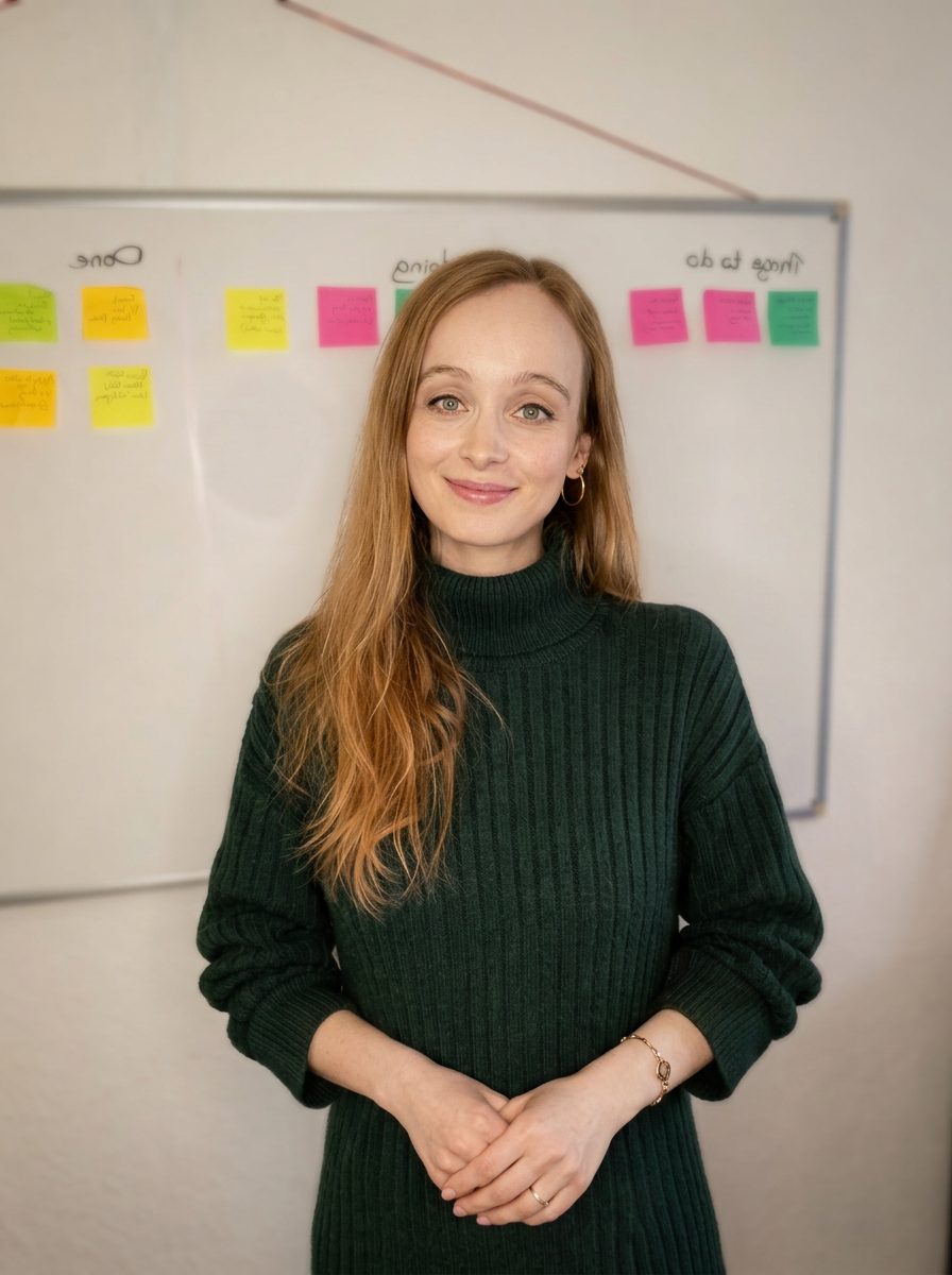 Joyce Dijkslag facilitating a workshop at a whiteboard covered in sticky notes during a change programme